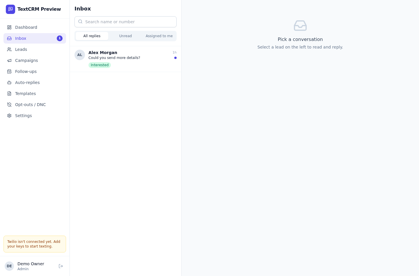 TextCRM team inbox with a fictional lead conversation